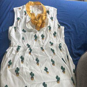 Cactus Print Dress with Yellow Collar